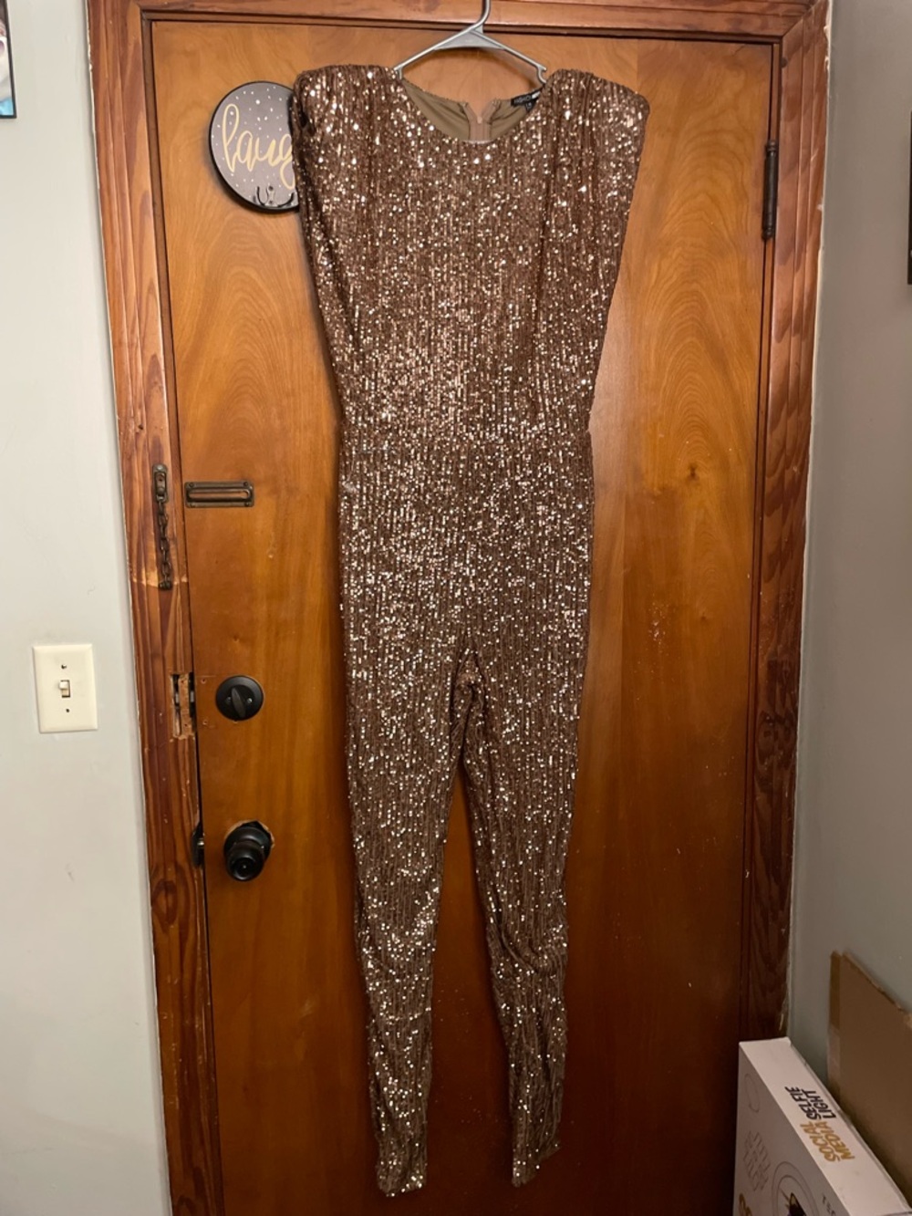 Fashion Nova Bronze Sequin Strapless Jumpsuit